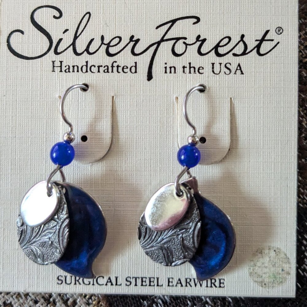 Silver Forest Silvertone and Blue Enamel Teardrop Layered Dangle Earrings